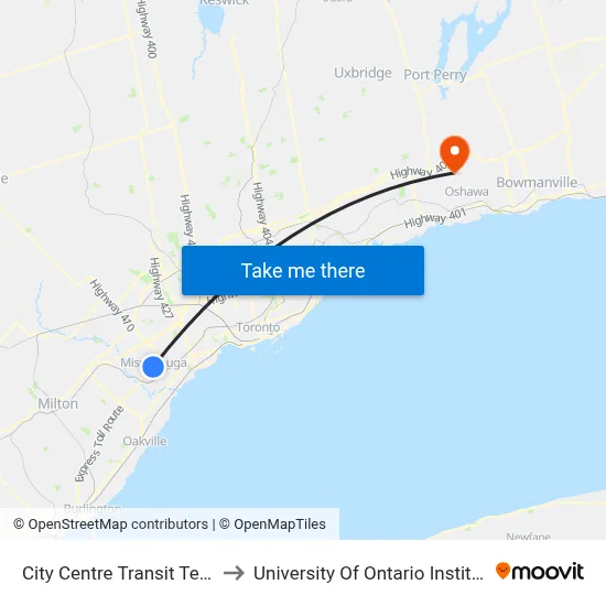 City Centre Transit Terminal Drop Off to University Of Ontario Institute Of Technology map