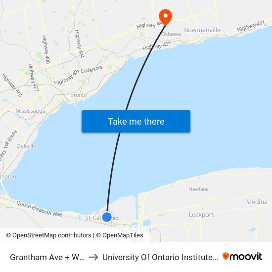 Grantham Ave + Welland Ave to University Of Ontario Institute Of Technology map