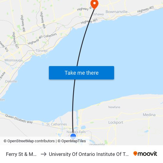 Ferry St & Main St to University Of Ontario Institute Of Technology map