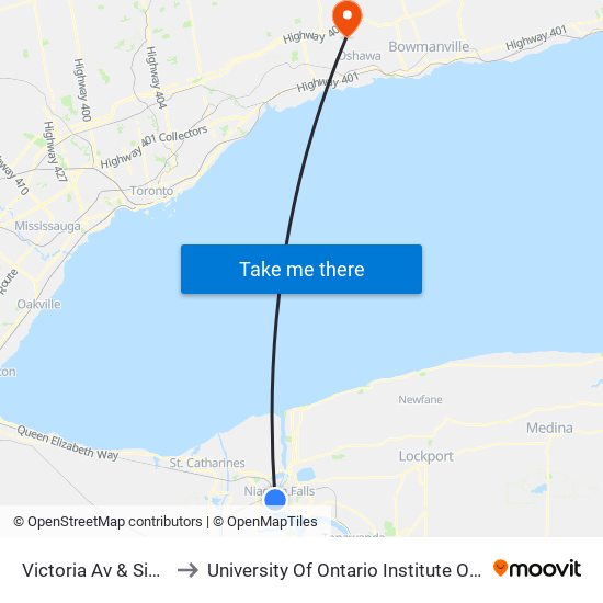 Victoria Av & Simcoe St to University Of Ontario Institute Of Technology map