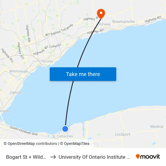 Bogart St + Wildwood Rd to University Of Ontario Institute Of Technology map
