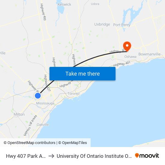 Hwy 407 Park And Ride to University Of Ontario Institute Of Technology map