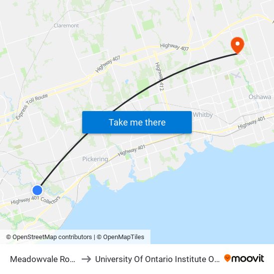 Meadowvale Road 1365 to University Of Ontario Institute Of Technology map
