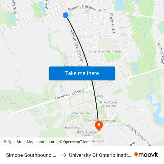 Simcoe Southbound @ Britannia Ave. to University Of Ontario Institute Of Technology map