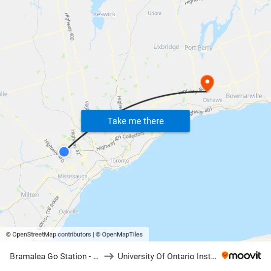 Bramalea Go Station - Route 13/16 Stop to University Of Ontario Institute Of Technology map