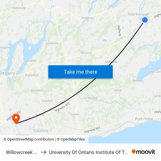 Willowcreek Plaza to University Of Ontario Institute Of Technology map