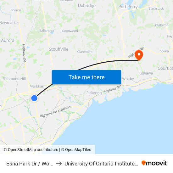 Esna Park Dr / Woodbine Av to University Of Ontario Institute Of Technology map