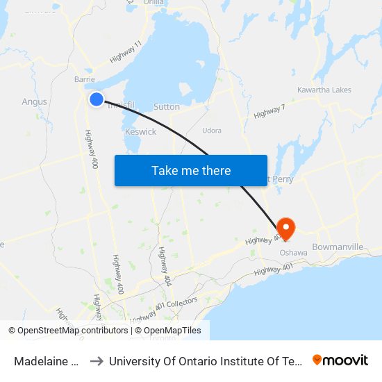 Madelaine Drive to University Of Ontario Institute Of Technology map