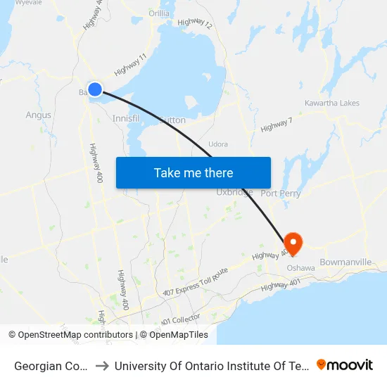 Georgian College to University Of Ontario Institute Of Technology map