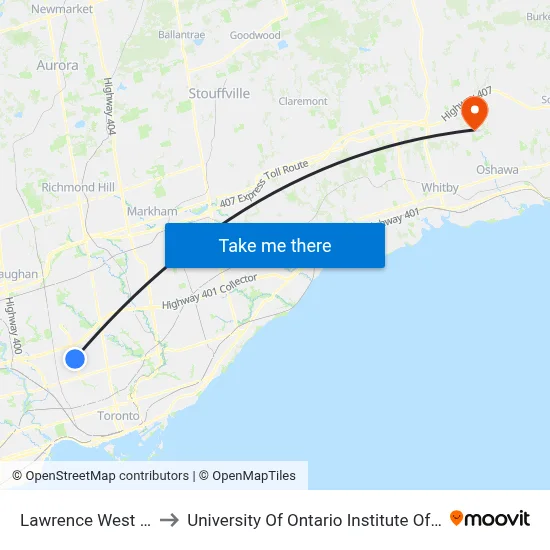 Lawrence West Station to University Of Ontario Institute Of Technology map