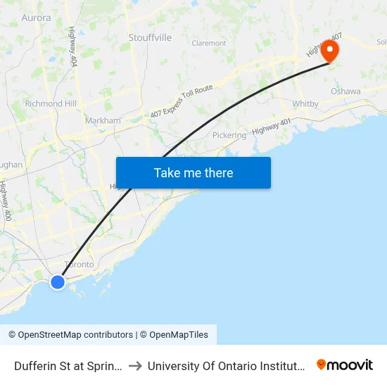 Dufferin St at Springhurst Ave to University Of Ontario Institute Of Technology map