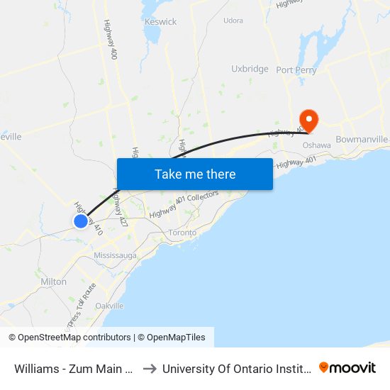 Williams - Zum Main Station Stop Sb to University Of Ontario Institute Of Technology map