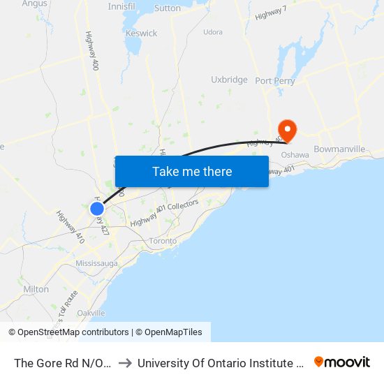 The Gore Rd N/Of Hwy 50 to University Of Ontario Institute Of Technology map