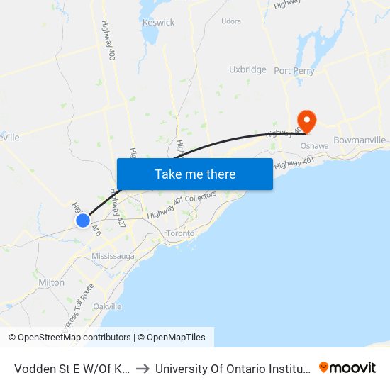 Vodden St E W/Of Kennedy Rd N to University Of Ontario Institute Of Technology map