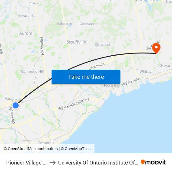 Pioneer Village Station to University Of Ontario Institute Of Technology map