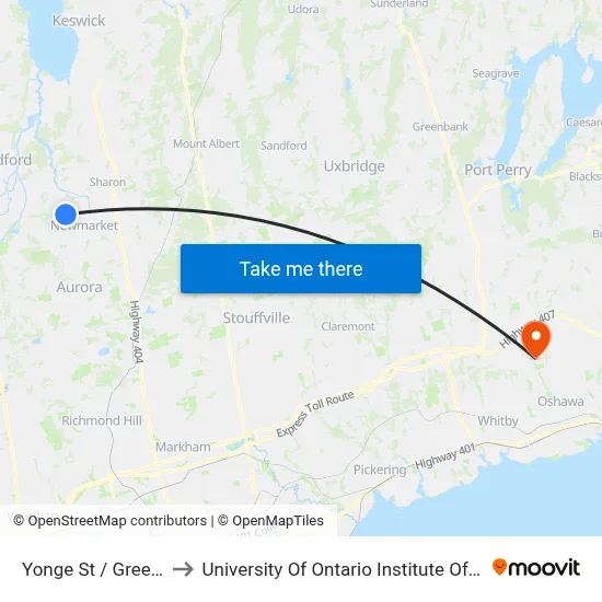 Yonge St / Green Lane to University Of Ontario Institute Of Technology map