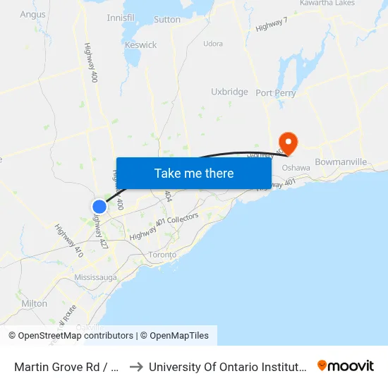 Martin Grove Rd / Highway 27 to University Of Ontario Institute Of Technology map