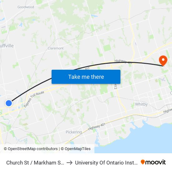 Church St / Markham Stouffville Hospital to University Of Ontario Institute Of Technology map