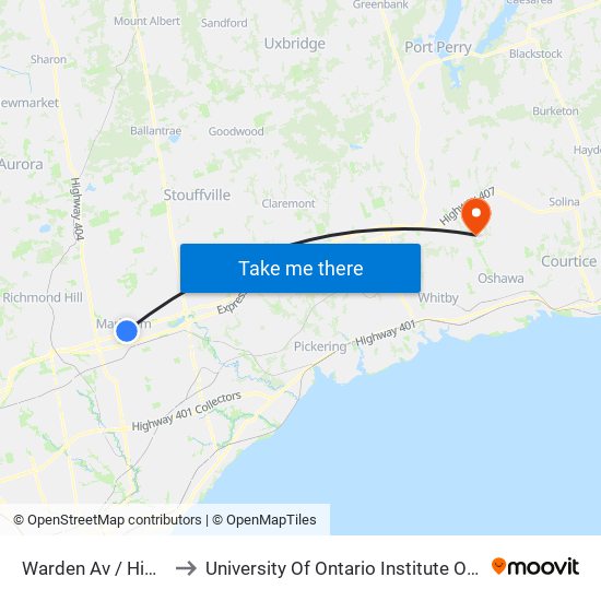 Warden Av / Highway 7 to University Of Ontario Institute Of Technology map