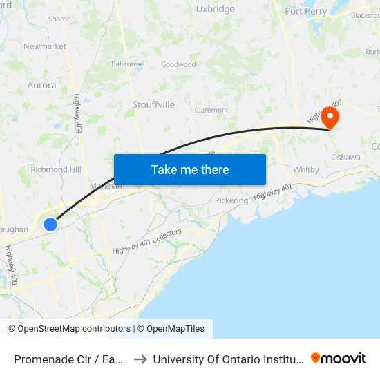 Promenade Cir / East Promenade to University Of Ontario Institute Of Technology map