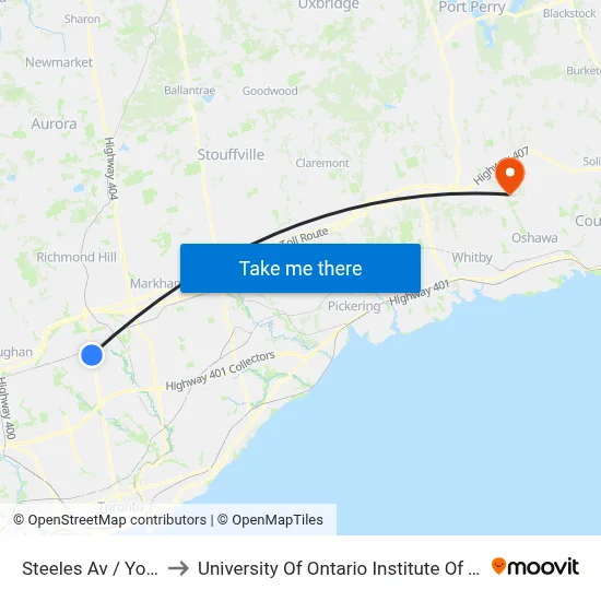 Steeles Av / Yonge St to University Of Ontario Institute Of Technology map