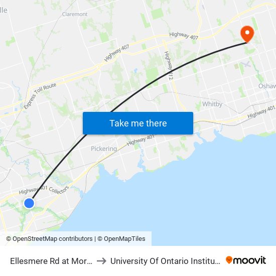 Ellesmere Rd at Morningside Ave to University Of Ontario Institute Of Technology map