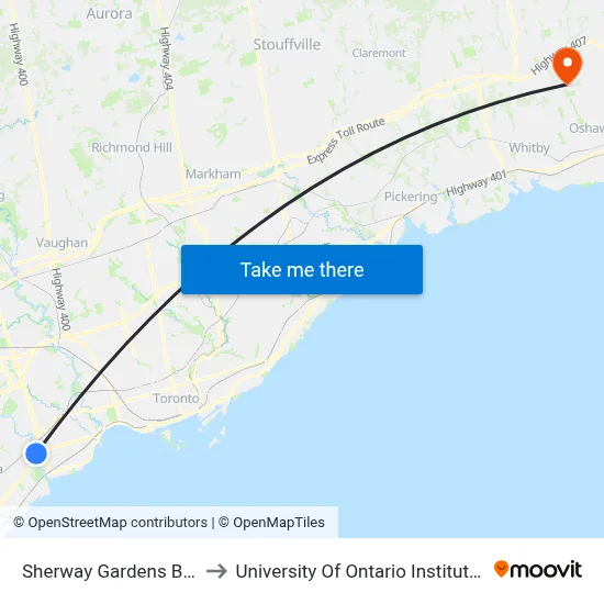 Sherway Gardens Bus Terminal to University Of Ontario Institute Of Technology map