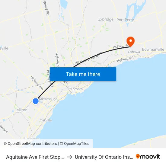 Aquitaine Ave First Stop East Of Glen Erin Dr to University Of Ontario Institute Of Technology map