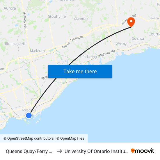 Queens Quay/Ferry Docks Station to University Of Ontario Institute Of Technology map