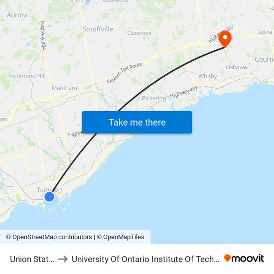 Union Station to University Of Ontario Institute Of Technology map