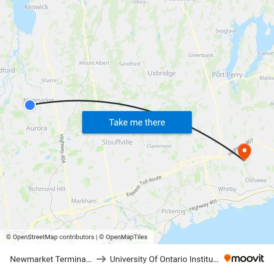 Newmarket Terminal Platform 10 to University Of Ontario Institute Of Technology map