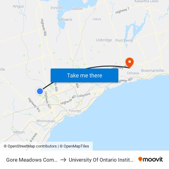 Gore Meadows Community Centre to University Of Ontario Institute Of Technology map