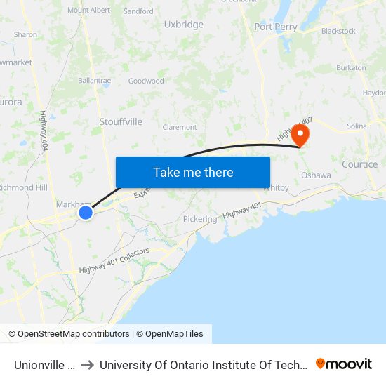 Unionville Go to University Of Ontario Institute Of Technology map