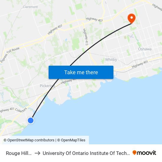 Rouge Hill Go to University Of Ontario Institute Of Technology map