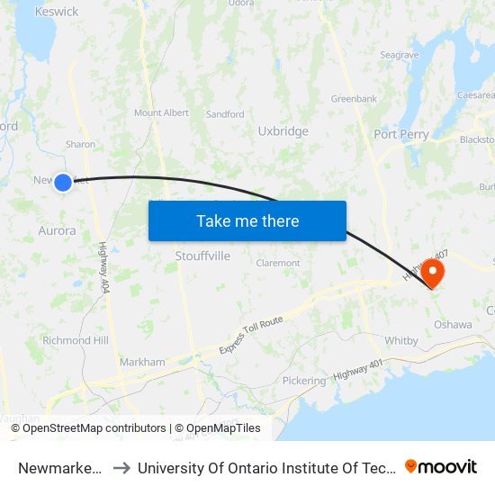 Newmarket Go to University Of Ontario Institute Of Technology map