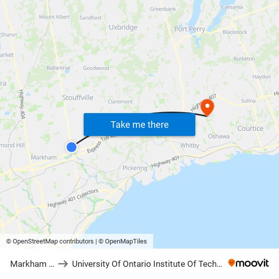 Markham Go to University Of Ontario Institute Of Technology map