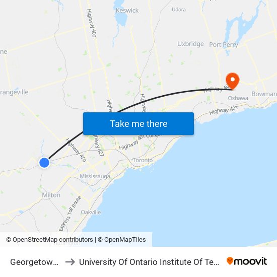 Georgetown Go to University Of Ontario Institute Of Technology map