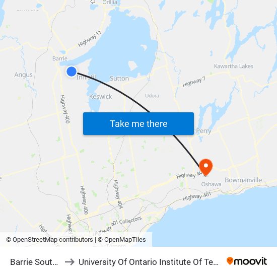 Barrie South Go to University Of Ontario Institute Of Technology map
