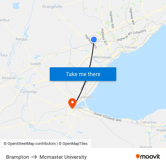 Brampton to Mcmaster University map