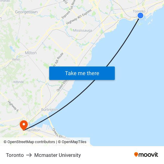Toronto to Mcmaster University map