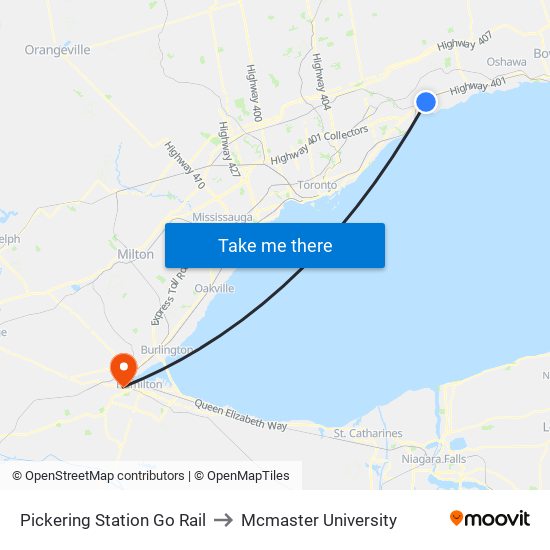 Pickering Station Go Rail to Mcmaster University map