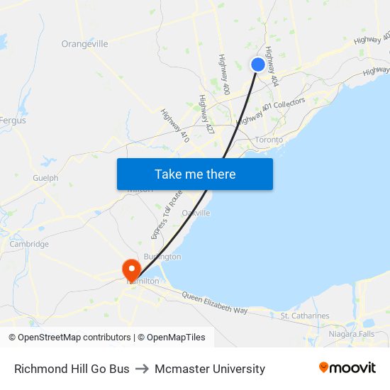 Richmond Hill Go Bus to Mcmaster University map