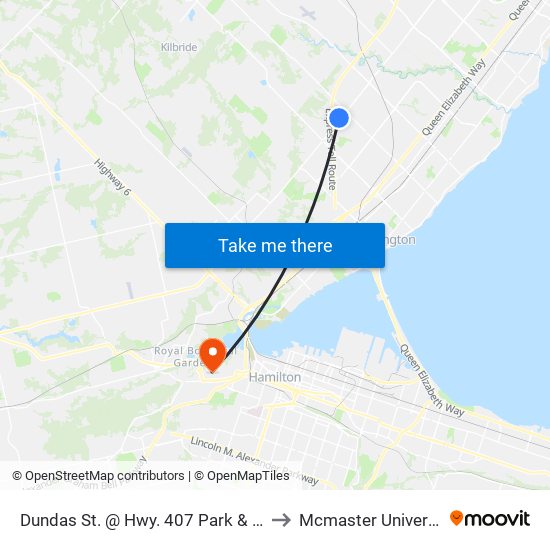 Dundas St. @ Hwy. 407 Park & Ride to Mcmaster University map