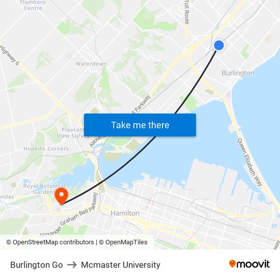 Burlington Go to Mcmaster University map
