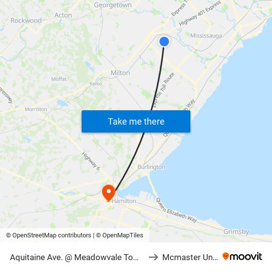 Aquitaine Ave. @ Meadowvale Town Centre Circle to Mcmaster University map