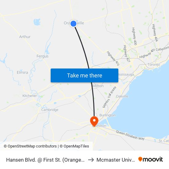 Hansen Blvd. @ First St. (Orangeville Mall) to Mcmaster University map