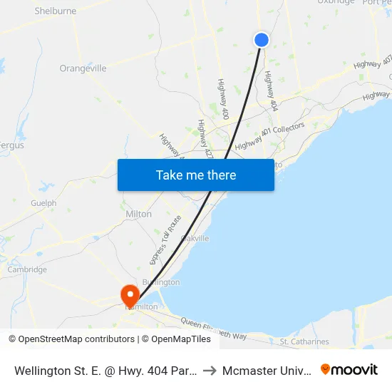 Wellington St. E. @ Hwy. 404 Park & Ride to Mcmaster University map
