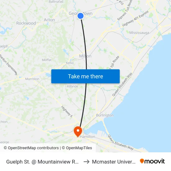 Guelph St. @ Mountainview Rd. N. to Mcmaster University map