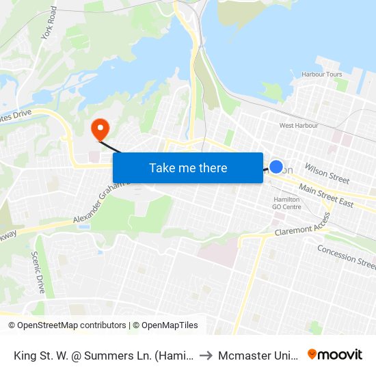 King St. W. @ Summers Ln. (Hamilton Place) to Mcmaster University map