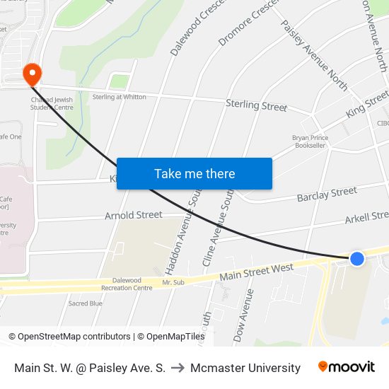 Main St. W. @ Paisley Ave. S. to Mcmaster University map